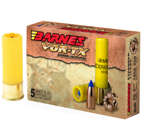 Brand: Barnes Ammo | MPN: 20735 | Use: Hunting (Deer, Hogs) | Gauge: 20 | Shell Length: 2-3/4" | Slug Type: Copper Sabot | Slug Weight: 250gr | MUNITIONS EXPRESS