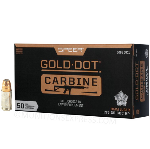 Brand: Speer Ammo | MPN: 59GDC1 | Use: Defense | Caliber: 9mm Luger | Grain: 135 | Bullet: Jacketed Hollow Point | MUNITIONS EXPRESS Brand: Speer Ammo | MPN: 59GDC1 | Use: Defense | Caliber: 9mm Luger | Grain: 135 | Bullet: Jacketed Hollow Point | MUNITIONS EXPRESS