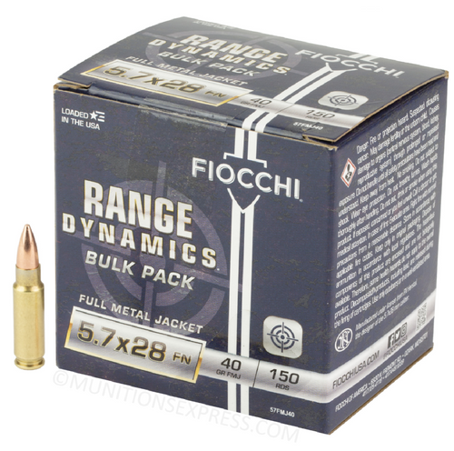 Brand: Fiocchi Ammo | MPN: 57FMJ40 | Use: Target | Caliber: 5.7x28mm | Grain: 40 | Bullet: Full Metal Jacket | MUNITIONS EXPRESS Brand: Fiocchi Ammo | MPN: 57FMJ40 | Use: Target | Caliber: 5.7x28mm | Grain: 40 | Bullet: Full Metal Jacket | MUNITIONS EXPRESS