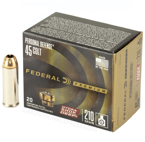 Brand: Federal Premium Ammo | MPN: P45CHSD1 | Use: Defense | Caliber: .45 Colt (.45 Long Colt) | Grain: 210 | Bullet: Jacketed Hollow Point | MUNITIONS EXPRESS