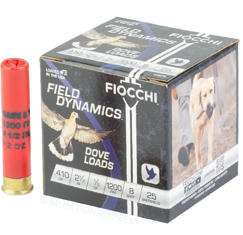 Brand: Fiocchi Ammo | MPN: 410GT8 | Use: Hunting (Dove, Quail) | Gauge: .410 Bore | Shell Length: 2-1/2” | Shot Size: #8 | Shot Weight: 1/2 oz | MUNITIONS EXPRESS