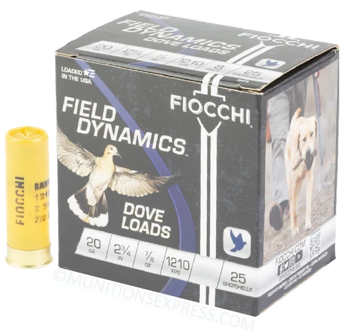 Brand: Fiocchi Ammo | MPN: 20GT75 | Use: Hunting (Dove, Quail) | Gauge: 20ga | Shell Length: 2-3/4” | Shot Size: #7-1/2 | Shot Weight: 7/8 oz | MUNITIONS EXPRESS