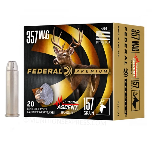 Brand: Federal Premium Ammo | MPN: P357TA1 | Use: Hunting (Hogs) | Caliber: .357 Magnum | Grain: 157 | Bullet: Bonded Jacketed Hollow Point | MUNITIONS EXPRESS
