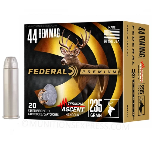 Brand: Federal Premium Ammo | MPN: P44TA1 | Use: Hunting (Deer, Hogs) | Caliber: .44 Magnum | Grain: 235 | Bullet: Bonded Jacketed Hollow Point | MUNITIONS EXPRESS