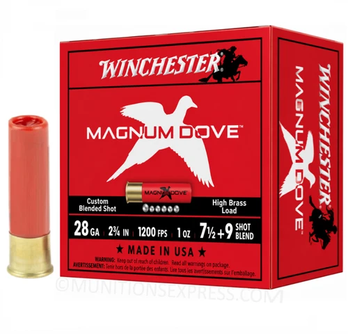 Brand: Winchester Ammo | MPN: MD2879 | Use: Hunting (Dove) | Gauge: .28 | Length: 2-3/4” | Shot Size: #7-1/2, #9 | Shot Weight: 3/4 oz | MUNITIONS EXPRESS
