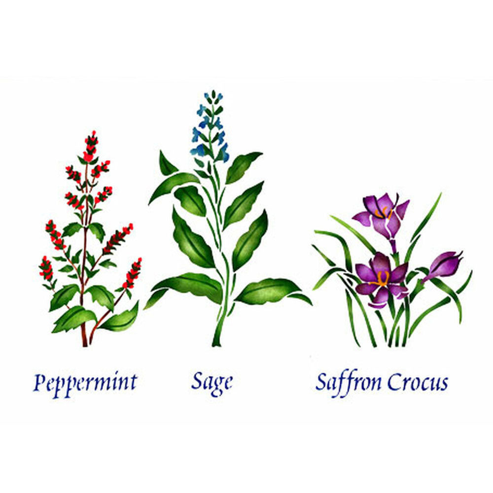 Large Standing Herbs - Peppermint, Sage, Saffron Wall Stencil