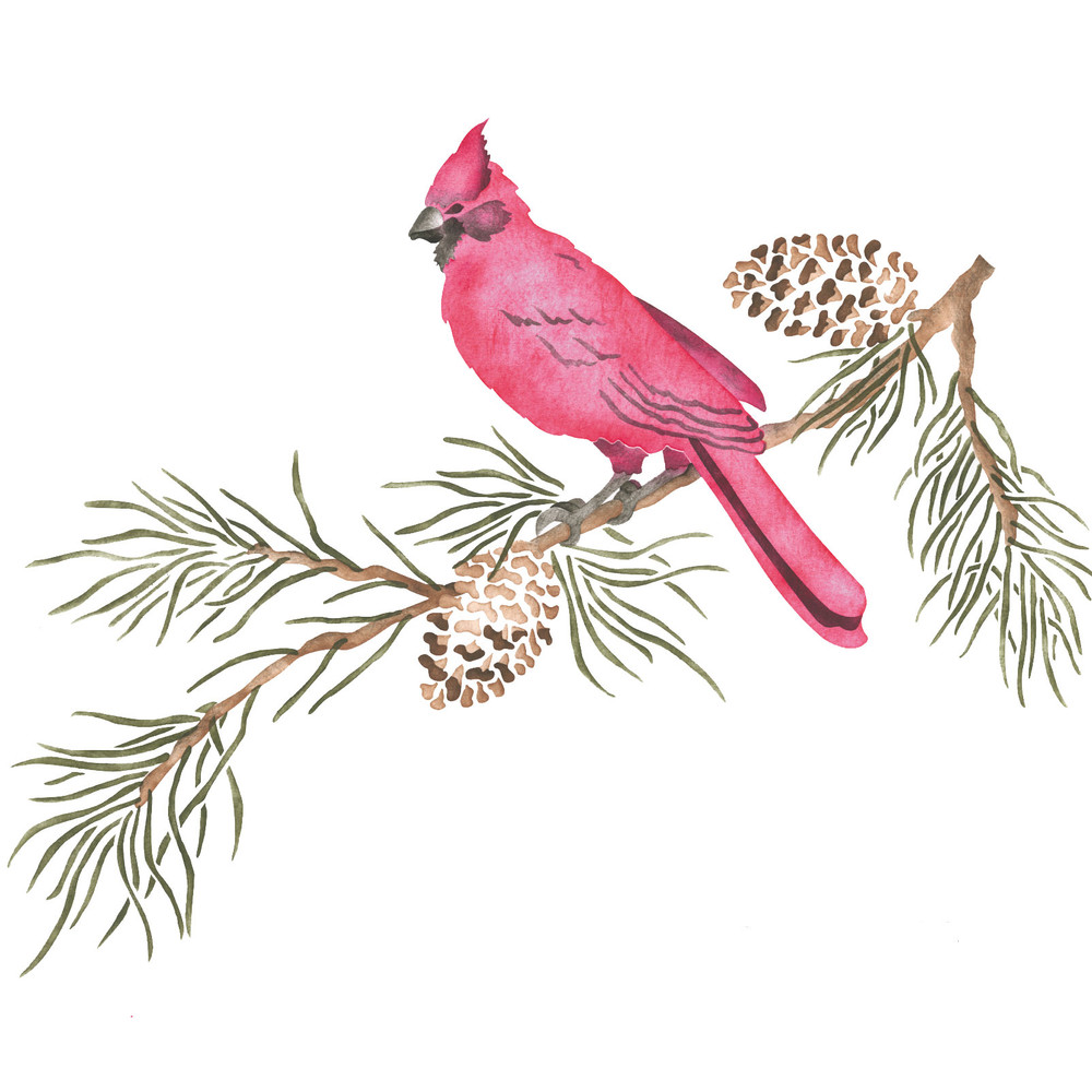 Cardinal on a Pine Branch Wall Stencil
