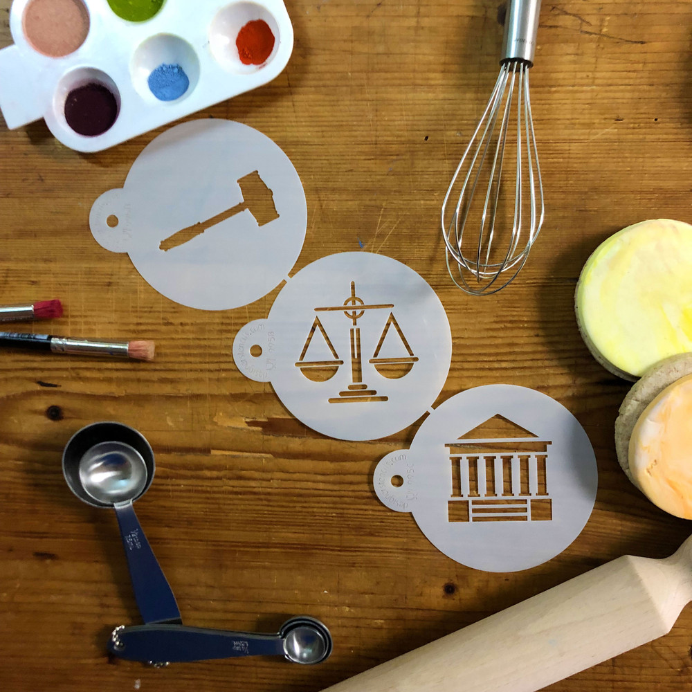 Law and Justice Cookie Stencil Set on table