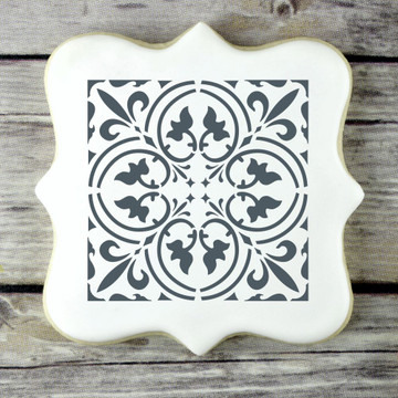 Scroll Tile 4 inch Cookie Stencil used on Royal Iced Cookie - sample