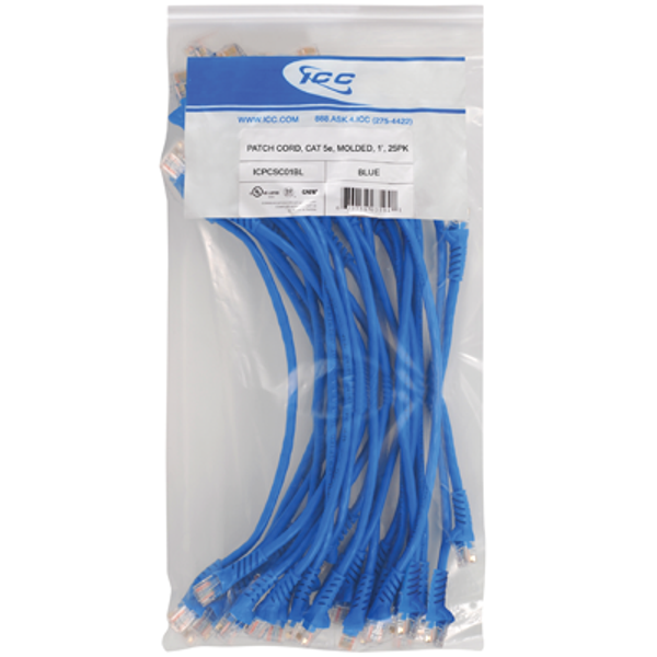 Cat5e Molded Patch Cord 1ft 25pk - Blue - ICPCSC01BL Cat5e Molded Patch Cord 1ft 25pk - Blue - ICPCSC01BL