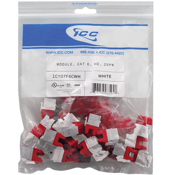 CAT6 RJ45 Keystone Jack for HD Style - White, 25-Pack IC107F6CWH