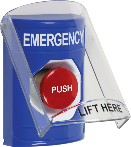 Indoor Only Flush or Surface Momentary Stopper Station with EMERGENCY, Blue - SS2424EM-EN