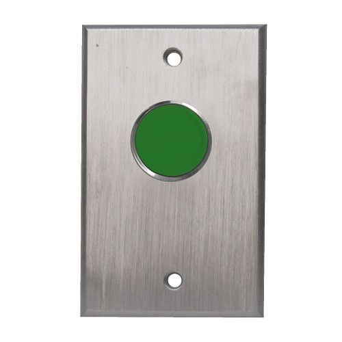 Single Gang Vandal Resistant Recessed Push Button, DPST, Blank Faceplate, Green Button, Brushed Aluminum - CM-7085G