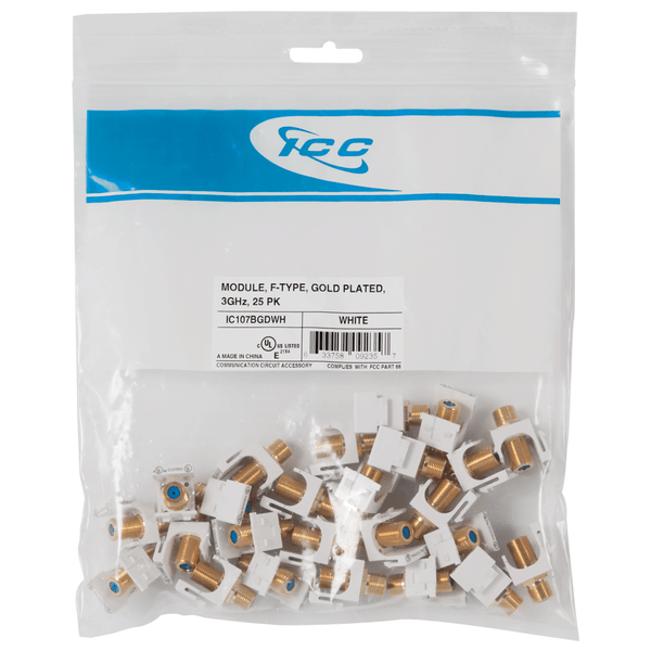 3 GHz F-Type Modular Jack with Gold Plated Connector in HD Style - White, 25-Pack IC107BGDWH 3 GHz F-Type Modular Jack with Gold Plated Connector in HD Style - White, 25-Pack IC107BGDWH