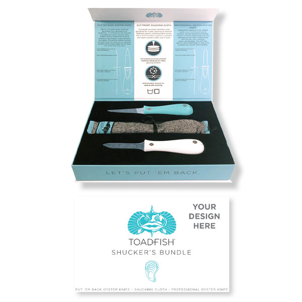 Toadfish Custom Engraved Shucker's Bundle - Teal Put 'Em Back Oyster Knife, Professional Oyster Knife  Cut-Proof Shucking Cloth - Knifes Are NOT Engraved (MINIMUM ORDER QUANTITY OF 25) [TF1014]