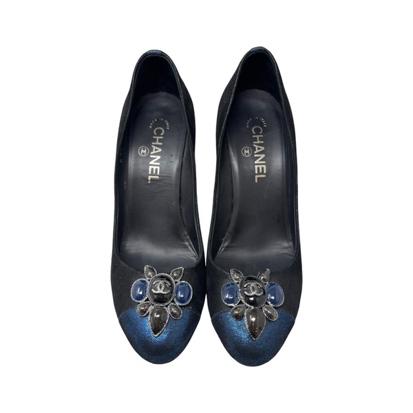 Chanel Black and Blue Captoe Camellia Pump