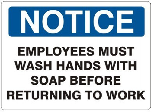 NOTICE: Employees Must Wash Hands w/Soap Before Returning To Work Sign NOTICE: Employees Must Wash Hands w/Soap Before Returning To Work Sign