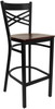 TYCOON Series Black ''X'' Back Metal Restaurant Barstool - Mahogany Wood Seat