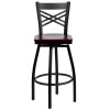 TYCOON Series Black ''X'' Back Swivel Metal Barstool - Mahogany Wood Seat