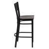 TYCOON Series Black Grid Back Metal Restaurant Barstool - Mahogany Wood Seat