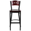 TYCOON Series Black 4 Square Back Metal Restaurant Barstool - Mahogany Wood Back & Seat