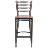 TYCOON Series Clear Coated Ladder Back Metal Restaurant Barstool - Natural Wood Seat