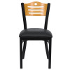 TYCOON Series Black Slat Back Metal Restaurant Chair - Natural Wood Back, Black Vinyl Seat