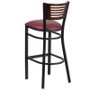 TYCOON Series Black Slat Back Metal Restaurant Barstool - Walnut Wood Back, Burgundy Vinyl Seat