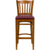 TYCOON Series Vertical Slat Back Cherry Wood Restaurant Barstool - Burgundy Vinyl Seat