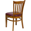 TYCOON Series Vertical Slat Back Cherry Wood Restaurant Chair - Burgundy Vinyl Seat