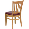 TYCOON Series Vertical Slat Back Natural Wood Restaurant Chair - Burgundy Vinyl Seat