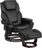 Contemporary Multi-Position Recliner and Ottoman with Swivel Mahogany Wood Base in Black Leather