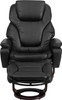 Contemporary Multi-Position Recliner and Ottoman with Swivel Mahogany Wood Base in Black Leather