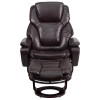 Contemporary Multi-Position Recliner and Ottoman with Swivel Mahogany Wood Base in Brown Leather