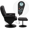 Massaging Multi-Position Recliner and Ottoman with Wrapped Base in Black Leather