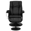 Massaging Multi-Position Recliner and Ottoman with Wrapped Base in Black Leather