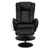 Massaging Multi-Position Plush Recliner with Side Pocket and Ottoman in Black Leather