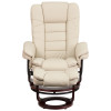 Contemporary Multi-Position Recliner with Horizontal Stitching and Ottoman with Swivel Mahogany Wood Base in Beige Leather