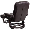 Contemporary Multi-Position Recliner with Horizontal Stitching and Ottoman with Swivel Mahogany Wood Base in Brown Leather