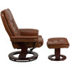 Contemporary Multi-Position Recliner with Horizontal Stitching and Ottoman with Swivel Mahogany Wood Base in Brown Vintage Leather