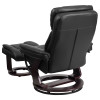 Contemporary Multi-Position Recliner and Curved Ottoman with Swivel Mahogany Wood Base in Black Leather