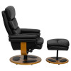 Contemporary Multi-Position Recliner and Ottoman with Wood Base in Black Leather