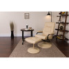 Contemporary Multi-Position Recliner and Ottoman with Wrapped Base in Cream Leather