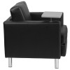 Black Leather Guest Chair with Tablet Arm, Tall Chrome Legs and Cup Holder