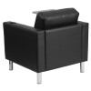 Black Leather Guest Chair with Tablet Arm, Tall Chrome Legs and Cup Holder