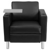 Black Leather Guest Chair with Tablet Arm, Tall Chrome Legs and Cup Holder