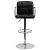 Contemporary Black Quilted Vinyl Adjustable Height Barstool with Arms and Chrome Base