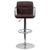 Contemporary Brown Quilted Vinyl Adjustable Height Barstool with Arms and Chrome Base