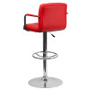 Contemporary Red Quilted Vinyl Adjustable Height Barstool with Arms and Chrome Base