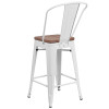 24" High White Metal Counter Height Stool with Back and Wood Seat